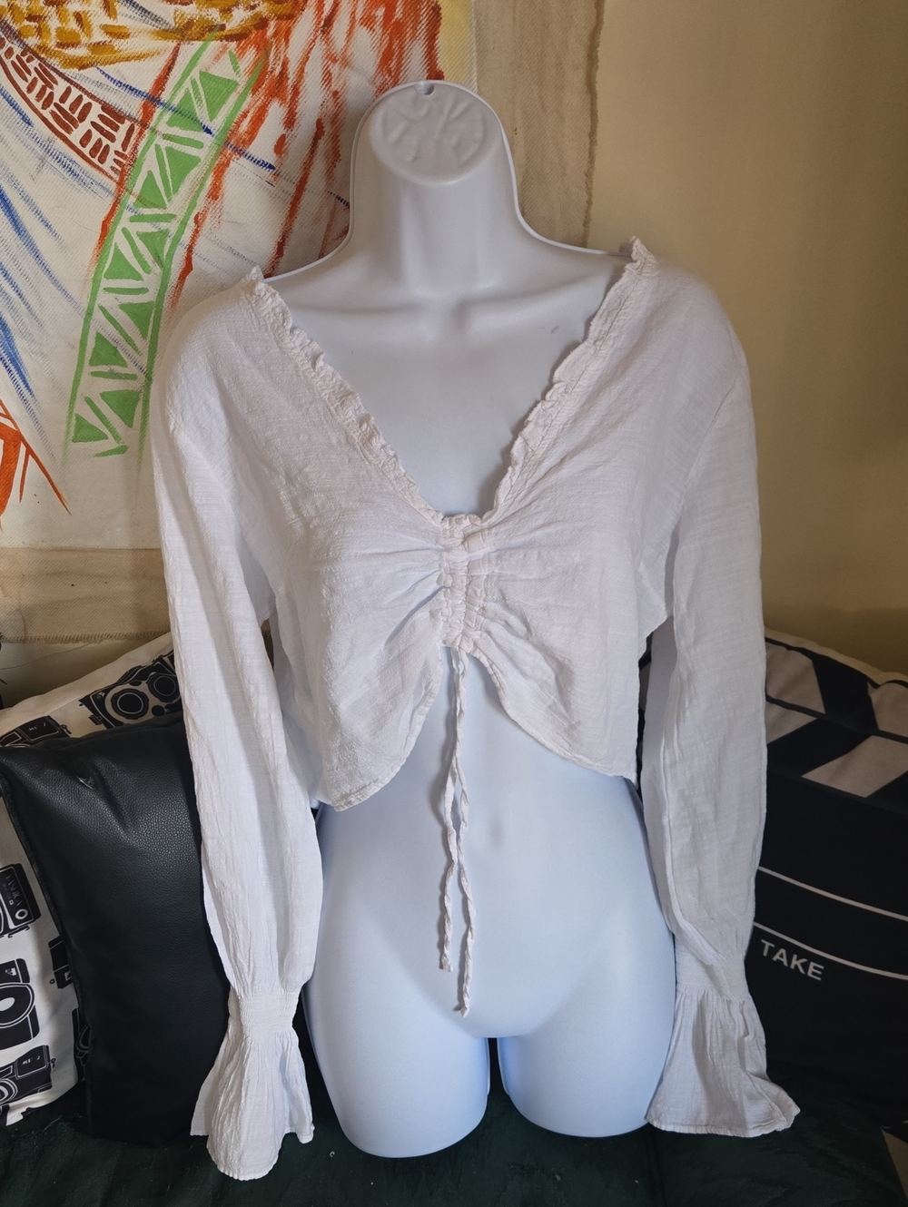 Women’s White Drawstring Peasant Top